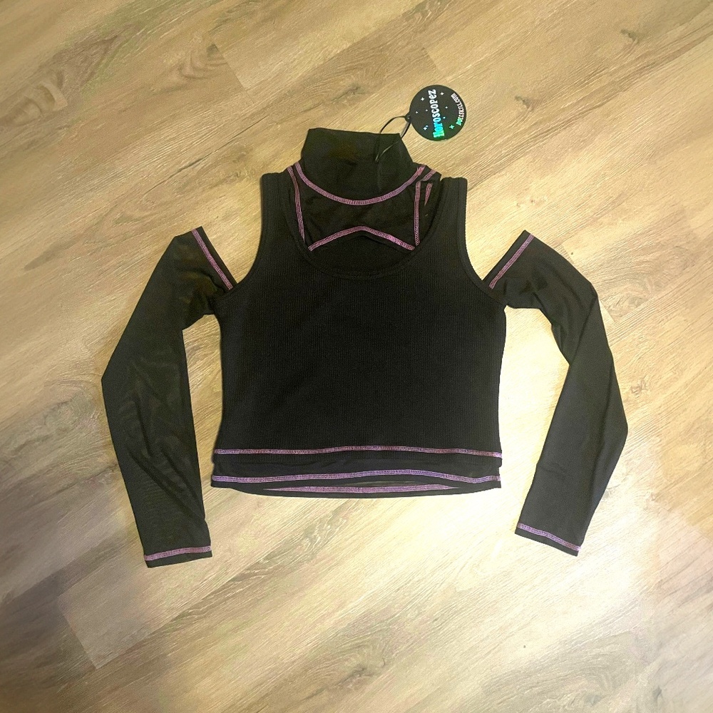 Horoscopez DollsKill Black with Purple Stitching Rave Top Cropped Cold Shoulder
